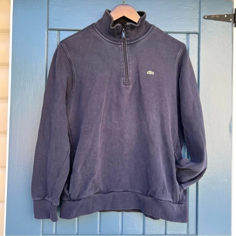 Lacoste Sweater 1/4 Zip Cotton Pockets Men Size XXL Navy Blue